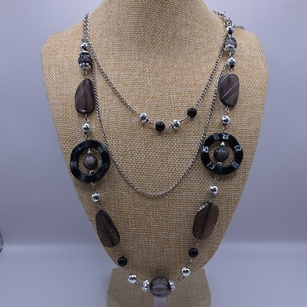 Elegant Silver-tone and Black Triple Layer Necklace